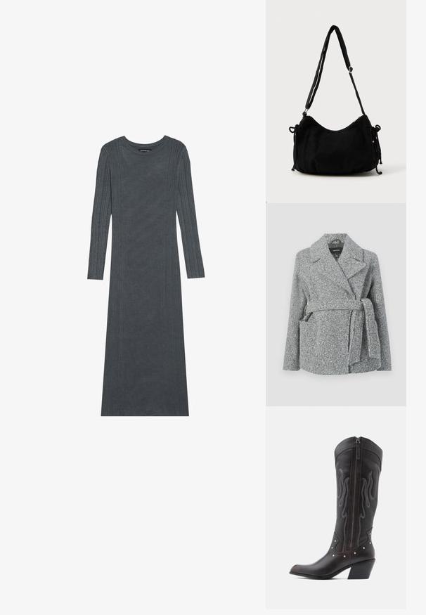 Abrigo envolvente de mezcla de lana gris con cuello con muescas, dos bolsillos delanteros, cinturón y superficie texturizada. Adecuado para climas más frescos.; Vestido de manga larga de color gris oscuro hecho de un suave material de punto. Presenta rayas verticales texturizadas a lo largo de las mangas y el cuerpo. Cuello redondo.; Botas de cowboy de cuero marrón con costuras en forma de llama, cremallera lateral, tachuelas plateadas, punta puntiaguda y tacón apilado.; Bolso de hombro de pana negra con forma curva, correa ajustable y cierres de cordón en ambos lados para ajustar el tamaño.