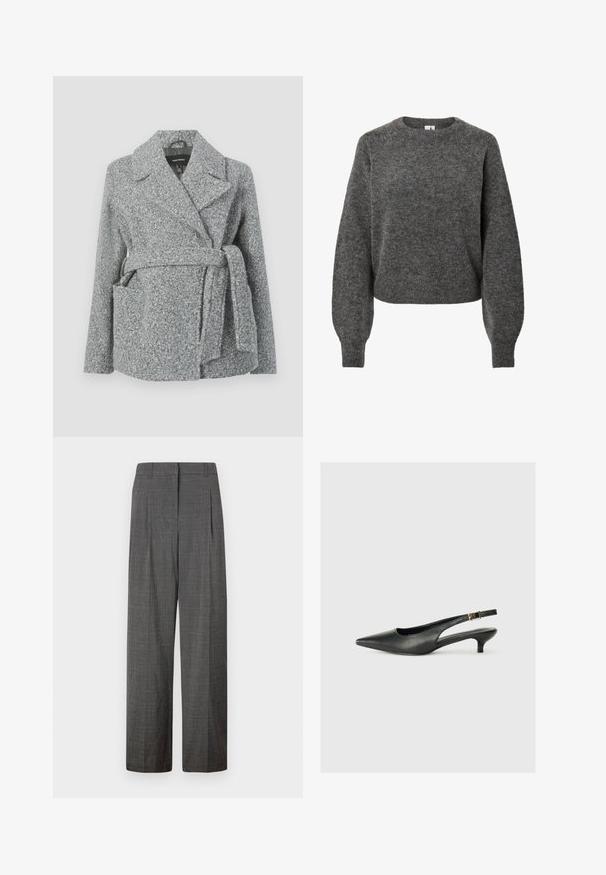 Abrigo envolvente de mezcla de lana gris con cuello con muescas, dos bolsillos delanteros, cinturón y superficie texturizada. Adecuado para climas más frescos.; Suéter de lana gris oscuro de mangas largas con cuello redondo y mangas ligeramente abullonadas, textura de punto y puños y dobladillo acanalados.; Vero Moda VMSIKITA WIDE DAD PANT - Pantalones - medium grey/black; Zapato de tacón slingback negro de punta afilada, hecho de cuero suave. Presenta un tacón delgado y un detalle de hebilla en la correa ajustable.