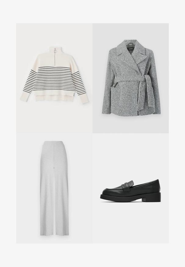 Manteau en mélange de laine gris avec col à revers, deux poches avant, ceinture à nouer et surface texturée. Convient pour les temps frais.; Pull blanc à côtes avec un col montant, orné de rayures horizontales noires et d'une demi-fermeture éclair au col. Fini avec une coupe décontractée.; Pantalons larges côtelés gris clair avec une taille haute et une fente avant. Fabriqués en tissu doux avec une texture lisse.; Mocassins en cuir noir à texture lisse, bout arrondi et petit talon bloc. Ils comportent une bride sur le dessus pour un détail supplémentaire.