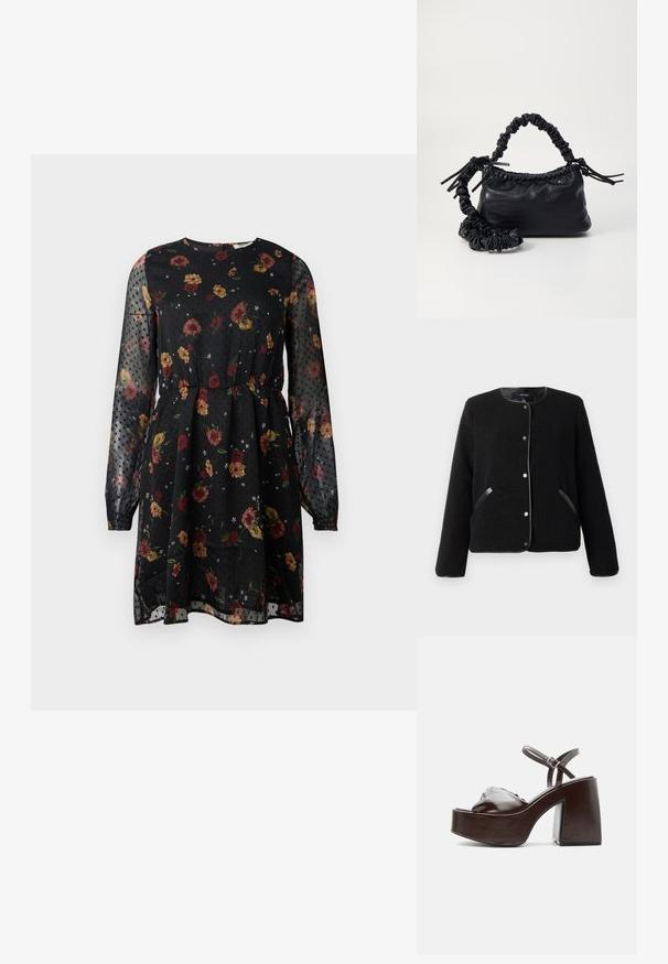 Schwarze Fleecejacke mit Knopfverschluss, langen Ärmeln, runden Ausschnitt und lederbesetzten Einschubtaschen auf beiden Seiten.; Schwarzes Blumenkleid aus transparenter Stoff. Es hat lange Puffärmel, einen runden Ausschnitt, einen elastischen Bund und ein gepunktetes Muster mit verschiedenen Blumen.; Dunkelbraune Plateausandale aus Leder mit klobigem Blockabsatz, offenem Zehenbereich und verstellbarem Knöchelriemen mit Metallverschluss.; Schwarze Handtasche aus Kunstleder mit Krokodilstruktur, gerafftem oberen Teil und einem geschoppten Tragegurt. Sie wirkt weich und kompakt im Design.
