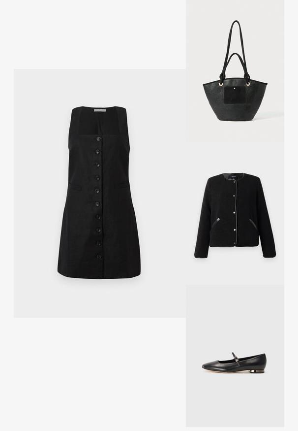 Schwarze Fleecejacke mit Knopfverschluss, langen Ärmeln, runden Ausschnitt und lederbesetzten Einschubtaschen auf beiden Seiten.; Schwarzes Leinenkleid mit quadratischem Ausschnitt, gefüttert mit einer zentralen Reihe von sechs Knöpfen und zwei seitlichen Taschen, mit einer A-Linie Silhouette.; Schwarze Leder-Ballerinas mit spitzem Zehenbereich, minimalem Knöchelriemen und kleinem metallischem Blockabsatz. Glatte Oberfläche, keine sichtbaren Muster.; Schwarze Tragetasche mit strukturierten Oberflächen, ausgestattet mit einem einfarbigen schwarzen Patch, goldenen Hardware-Akzenten und zwei langen Schulterriemen.