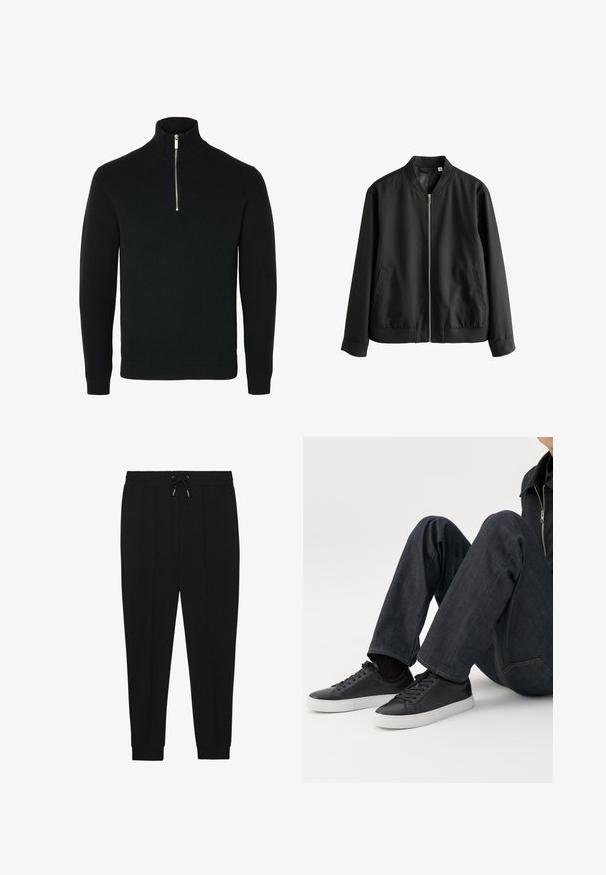Schwarze Bomberjacke mit einem Reißverschluss vorne, geripptem Kragen und Bündchen, Seitentaschen und glatter Textur. Lässiger und taillierter Schnitt.; Schwarzer langärmeliger Strickpullover mit einem gerippten hohen Kragen und einem silberfarbenen Halbreißverschluss in der vorderen Mitte.; Schwarze Sporthosen mit Kordelzugbund, schmal zulaufenden Beinen und gerippten Bündchen. Hergestellt aus einem weichen Stoff mit glatter Textur.; Person sitzt mit angewinkelten Beinen, trägt dunkelblaue Jeans und schwarze Low-Top-Sneaker mit weißen Sohlen auf weißem Hintergrund.