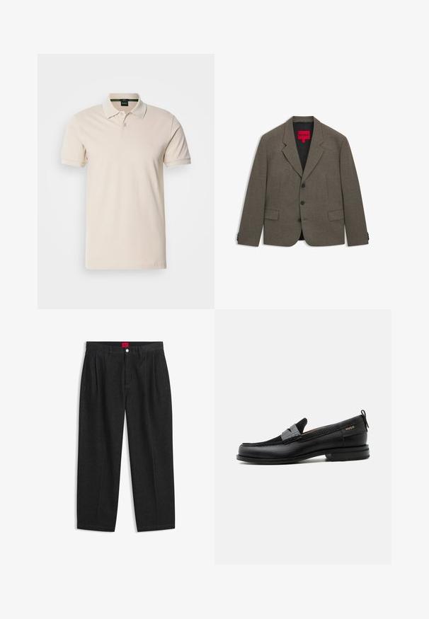Brauner maßgeschneiderter Blazer mit Reverskragen, einreihig, ausgestattet mit drei Knöpfen, zwei Fronttaschen und einer glatten Textur. Innenfutter ist schwarz.; Cremfarbener Poloshirt aus Baumwolle. Verfügt über einen klassischen Kragen, eine Knopfleiste mit drei Knöpfen, kurze Ärmel und ein gesticktes Logo auf der Brust.; Schwarze Hose mit hoher Taille, vorderen Falten, Gürtelschlaufen, Knopf- und Reißverschluss sowie einem roten Etikett innen am Bund.; Schwarzer Lederloafer mit grauem Riemendetail, niedrigem Absatz und strukturierter Sohle, seitlich mit „HUGO“ in Gold gebrandmarkt.
