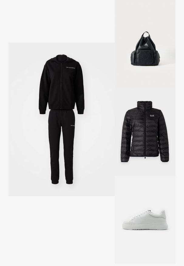 Chaqueta acolchada negra con cuello alto, cremallera completa y sutil logo EA7. El material exterior tiene una textura suave y brillante con un patrón acolchado.; Sudadera negra y pantalones jogger a juego, hechos de una tela suave. Sudadera con capucha y cierre de cremallera, puños y cintura elásticos. Logo impreso en ambas piezas.; Zapatillas blancas con un upper de cuero texturizado, punta redonda y diseño de cordones. Suela de goma blanca gruesa con un patrón de agarre texturizado.; Mochila negra de cuero con cordón, con bolsillos delanteros y laterales con cremallera, con el logo "EA7 Emporio Armani" en relieve en el bolsillo delantero.