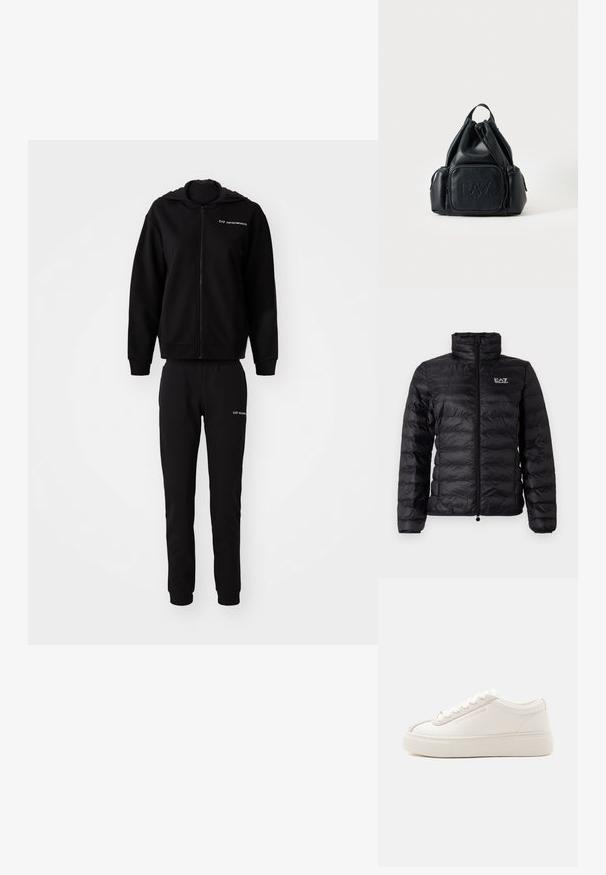 Sort polstret jakke med høj krave, fuld lynlås og diskret EA7-logo. Ydermaterialet har en glat, skinnende tekstur og quiltet mønster.; Sort sweatshirt og matchende joggers, lavet af blødt stof. Hættejakke med lynlås, elastiske manchetter og talje. Logo trykt på begge dele.; Hvid lav sneaker med tyk sål, snørelukning foran og subtil Armani Exchange branding på siden og sålen, vist på en ensfarvet baggrund.; Sort læder-rygsæk med snøre, med for- og sidelommer med lynlås, med præget "EA7 Emporio Armani" logo på frontlommen.