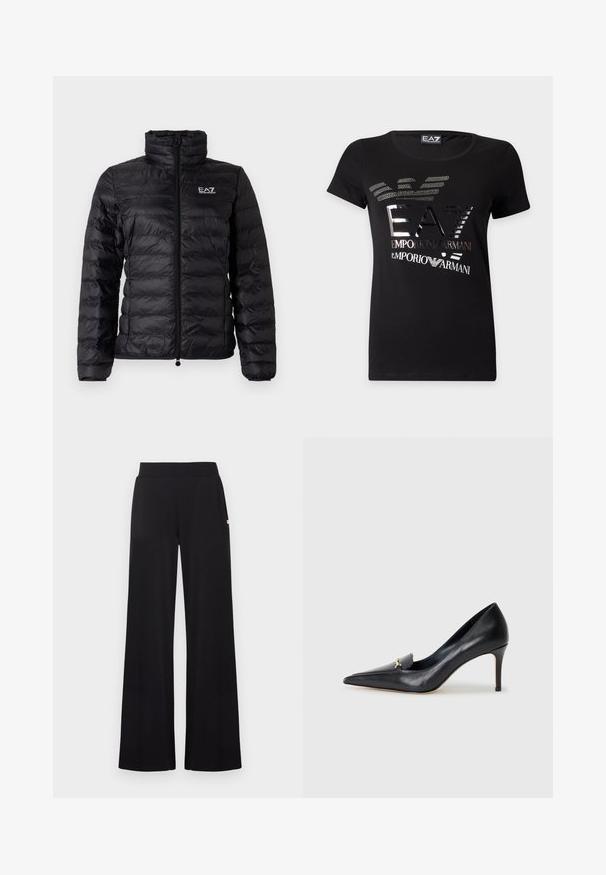 Veste matelassée noire avec un col montant, une fermeture éclair intégrale et un logo EA7 discret. Le matériau extérieur a une texture lisse et brillante avec un motif matelassé.; T-shirt noir à manches courtes avec logo EA7 Emporio Armani argent métallique et motif aigle stylisé sur le devant.; Pantalon noir à jambes larges avec une taille ajustée, réalisé dans un tissu lisse. Comprend des poches latérales discrètes et des accents matériels minimalistes.; Escarpin en cuir noir avec un bout pointu, un décolleté bas et un ornement doré décoratif. Doté d'un talon aiguille et d'une texture lisse.