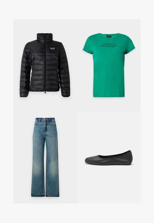 Chaqueta acolchada negra con cuello alto, cremallera completa y sutil logo EA7. El material exterior tiene una textura suave y brillante con un patrón acolchado.; Camiseta verde de manga corta Armani Exchange con cuello redondo y texto "armani exchange" en pequeños puntos negros en el pecho.; Jeans de mezclilla de tiro alto y pierna ancha de color azul claro, con cinco bolsillos y dobladillos ligeramente deshilachados, que exhiben un acabado texturizado y desgastado.; Bailarina de piel negra con punta redondeada, textura suave, detalle de costura minimalista y diseño de suela flexible.
