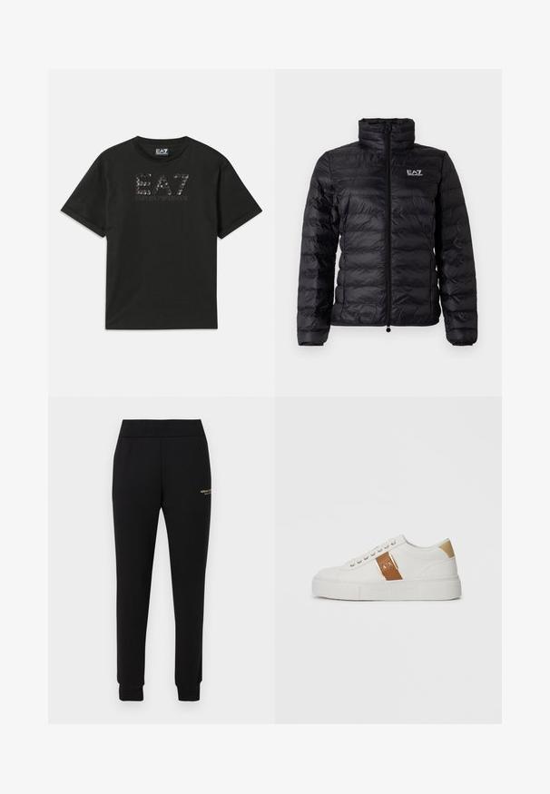 Chaqueta acolchada negra con cuello alto, cremallera completa y sutil logo EA7. El material exterior tiene una textura suave y brillante con un patrón acolchado.; Camiseta de algodón negra con un diseño de logo texturado en lentejuelas con "EA7" y "EMPORIO ARMANI" impreso en gris en el frente. Manga corta.; Pantalones deportivos negros ajustados con cintura y puños elásticos, con un pequeño logo dorado "Armani Exchange" en el muslo derecho.; Zapatilla baja blanca con parche beige en el talón, tira de cuero marrón con hebilla dorada y marca A|X, y suela grabada de Armani Exchange.