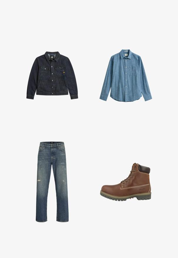 Dunkelblaue Jeansjacke mit Knopfleiste vorne, zwei Brusttaschen mit Knöpfen, zwei Seitentaschen und einem Kragen.; Hellblaues, langärmliges Hemd mit Knöpfen, Kragen und Brusttasche aus strukturiertem Stoff, flach auf einem weißen Hintergrund ausgelegt.; Blaue Jeans aus Denim mit geradem Bein, featuring leichte Abnutzungsspuren, einem Standardbund mit Knopfverschluss und fünf Taschen.; Brauner Leder-Stiefelette mit abgerundetem Zehenbereich, gepolstertem Kragen, weißen Nähten und einer Gummisohle mit Profilmuster.