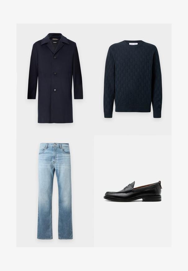 Navyblauer Wollmantel mit gerader Silhouette, großen Revers, Knopfverschluss, seitlichen Taschen und glatter Textur. Für formelle Anlässe entworfen.; Marineblauer Strickpullover mit strukturiertem Muster, Rundhalsausschnitt und gerippten Bündchen sowie Saum. Aus weichem Garn für hohen Komfort gefertigt.; Helle blaue Jeans aus Denim mit geradem Bein, die an den Oberschenkeln Ausbleichungen aufweisen, zwei vordere Taschen und einen klassischen Knopfverschluss haben.; Schwarzer Leder-Herrenschuh mit Mokassinnaht, Penny-Riemen, strukturiertem Kragen und niedrigem gestapeltem Absatz auf weißem Hintergrund.