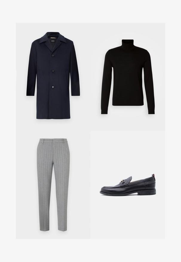 Abrigo de lana azul marino con silueta recta, grandes solapas, cierre de botón, bolsillos laterales y una textura suave. Diseñado para ocasiones formales.; Suéter negro de cuello alto confeccionado en un tejido de punto fino, con mangas largas y una silueta ajustada. Textura suave con puños acanalados.; Pantalones a rayas grises con un ajuste entallado, frente plano y bolsillos laterales. Fabricados con una tela suave y un brillo sutil.; Mocasín de cuero negro con empeine gris texturizado, detalle de hebilla metálica plateada, tacón bajo y lengüeta para tirar en la parte trasera.