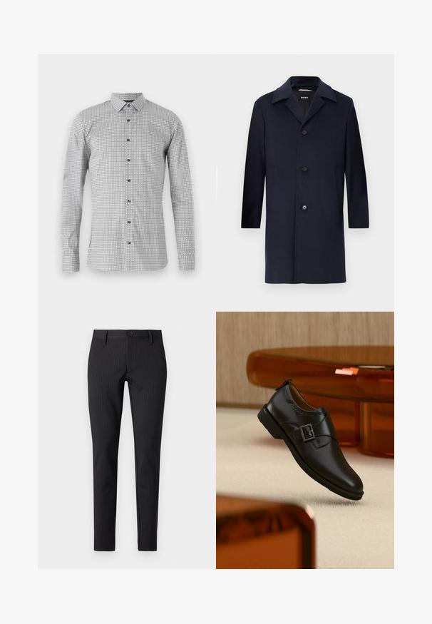 Navyblauer Wollmantel mit gerader Silhouette, großen Revers, Knopfverschluss, seitlichen Taschen und glatter Textur. Für formelle Anlässe entworfen.; Langarmshirt in Weiß und Schwarz mit geometrischem Muster, durchgehende Knopfleiste und klassischem Kragen. Leichter Stoff mit glatter Textur.; Schwarze Nadelstreifen-Hosen mit flachem Front, schmaler Schnitt, ausgestattet mit einem Knopfverschluss und Gürtelschlaufen, aus einem glatten Textilmaterial.; Schwarzer Leder-Monkstrap-Schuh mit silberner Schnalle, schwebend über einem beigen Teppich mit braunen, transparenten Möbeln im Hintergrund.
