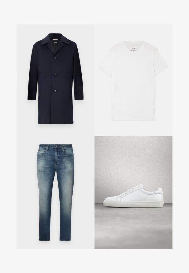 Navyblauer Wollmantel mit gerader Silhouette, großen Revers, Knopfverschluss, seitlichen Taschen und glatter Textur. Für formelle Anlässe entworfen.; Weißes Baumwoll-T-Shirt mit klassischem Rundhalsausschnitt und kurzen Ärmeln. Besitzt ein dezentes Markenetikett im Kragen, keine weiteren Muster.; Blaue Denim-Jeans mit einem verblassten Design, geradem Beinschnitt, fünf Taschen und einem kleinen Logodetail am Bund, ausgestattet mit einem Knopfverschluss.; Weißer Sneaker mit glattem Lederobermaterial und niedrigem Profil. Verfügt über eine runde Zehenpartie, sechs Ösen und eine strukturierte Gummisohle.