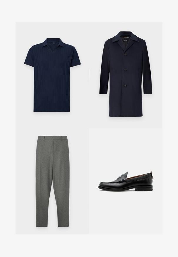 Manteau en laine marine avec une silhouette droite, grands revers, fermeture à boutons, poches latérales et une texture lisse. Conçu pour une tenue formelle.; Polo en côte marine avec col en V, manches courtes et texture lisse. Caractérisé par une couleur unie sans motifs ni détails en métal.; Pantalons gris ajustés en tissu doux. Dotés d'une taille, de passants de ceinture et d'une coupe fuselée. Texture lisse, sans motifs.; Mocassin homme en cuir noir avec couture moc toe, bride penny, col texturé et petit talon empilé sur fond blanc.
