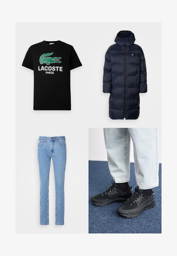 Mørkeblå pufjakke med hætte, der har en fuldlængde frontlynlås, quiltet design og et lille logo på brystet. To forlommer.; Sort bomulds T-shirt med et grønt krokodillelogo og teksten "LACOSTE PARIS" i hvid. Korte ærmer og klassisk rund halsudskæring.; Lyseblå denimjeans med lige ben-design, fem-lomme styling og en standard talje med løkke til bælte.; Sorte træningssko med tekstureret stof og gummisåler, udstyret med elastiske snørebånd og en blå detalje på hælen. Bæres med lyse denimbukser.