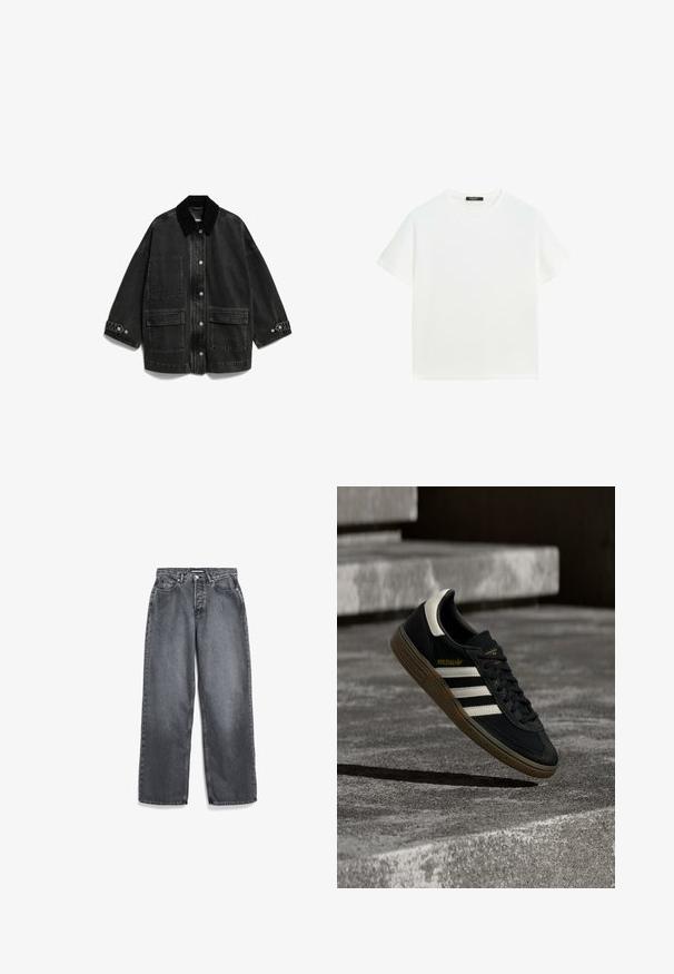 Zwarte oversized spijkerjas met knoopsluiting aan de voorkant, grote voorzakken, knoopmanchetten en een contrasterende zwarte kraag.; Effen wit T-shirt met korte mouwen en een ronde hals, rechte zoom en een klein zwart label aan de binnenkant van de kraag.; Donkergrijze rechte jeans met voorzakken, riemlussen, knoop en ritssluiting.; Zwarte Adidas sneaker met witte strepen en gumzool die boven grijze betonnen trappen zweeft in natuurlijk licht.