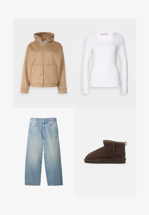 Tan zip-up hoodie van zacht materiaal, met een capuchon, voorzakken en brede manchetten. Eenvoudig ontwerp met een gestructureerde afwerking.; Witte katoenen T-shirt met lange mouwen, voorzien van een ronde halslijn en een getailleerd ontwerp, met een gladde textuur en zonder versieringen.; Lichtblauwe jeans met wijde pijpen, knoop vooraan, ritssluiting, riemlussen en Calvin Klein-logo op het kleine voorvakje.; Bianco BIASNOW - Enkelkaarsjes - dark brown