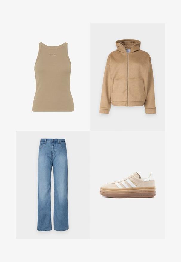 Beige Zip-Hoodie aus weichem Material, mit Kapuze, Fronttaschen und breiten Bündchen. Einfaches Design mit strukturiertem Finish.; Beige gerippter Tanktop mit rundem Ausschnitt, ärmellosem Design und kleinem geprägtem Logo in der Mitte der Vorderseite. Weiche Stoffstruktur.; Hellblaue Denim-Jeans im weit geschnittenen Stil mit einem klassischen Fünf-Taschen-Design, Knopfverschluss und dezenten Nähten entlang der Säume.; Beige Wildleder-Sneaker mit weißen Lederakzenten, versehen mit drei weißen Streifen, einem goldenen Logo und einer dicken, durchsichtigen Gummisohle.
