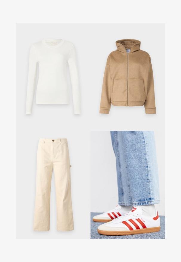 Tan zip-up mikina vyrobená z mäkkej tkaniny, so kapucňou, prednými vreckami a širokými manžetami. Jednoduchý dizajn s textúrovaným povrchom.; Biele tričko s dlhým rukávom vyrobené z jemného materiálu, s okrúhlym výstrihom a priliehavým strihom. Minimalistický dizajn bez vzorov alebo akcentov.; Béžové široké nohavice vyrobené z bavlny s gombíkovým zapínaním, ktoré majú bočné vrecká a čistý, minimalistický dizajn.; Biele kožené tenisky s červenými pruhmi a akcentmi. Majú štruktúrovanú gumovú podrážku a polstrovaný golier. Nosené s svetlomodrými džínsami.