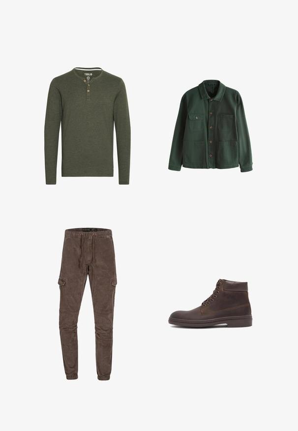 Chaqueta verde con cuello con solapas, dos bolsillos delanteros y botones marrones, confeccionada en tela texturizada. Diseño sencillo, corte recto.; Solid SDVOLKO - Camiseta de manga larga - olive; Pantalones cargo marrones con cinturilla elástica, bolsillos laterales y puños acanalados. Fabricados en un tejido suave con un acabado texturizado. Diseño de corte casual.; Botas de cuero marrón hasta el tobillo con puntera redonda, diseño con cordones, cuello acolchado y suela de goma con un patrón de huella texturizada.