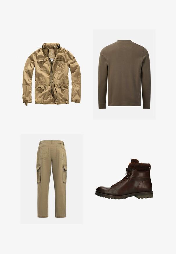 Veste khaki en tissu durable, dotée d'un col montant, d'une fermeture éclair à l'avant et de plusieurs poches avec des rabats à bouton. La finition texturée améliore le design.; Chemise texturée vert olive à manches longues, vue de dos avec un col rond et des poignets simples sur fond blanc.; Pantalons cargo en coton kaki avec une coupe droite. Comprend deux poches latérales, deux poches arrière et une taille cousue. Texture lisse.; Manfield MIT HOHEM SCHAFT - Bottines à lacets - brown