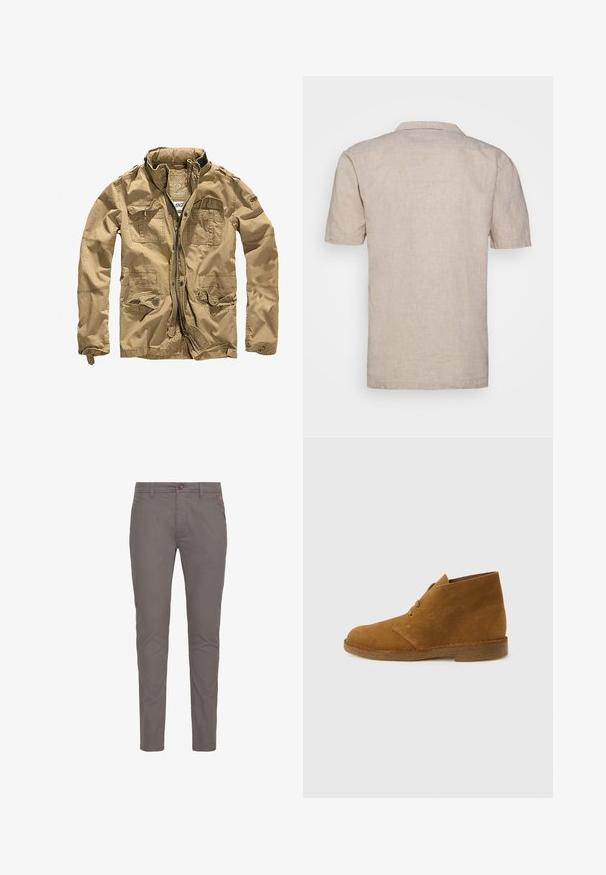 Khaki jakke lavet af slidstærkt stof, med høj krave, lynlås foran og flere lommer med knappede klapper. Den strukturerede overflade fremhæver designet.; Kortærmet beige linned skjorte med krave, der har et tekstureret stof og lige kant, uden synlige mønstre eller accenter.; Grå bomulds chinos med lige pasform, der har knaplukning, standardlommer og minimalistisk design. Glat tekstur og ingen mønstre.; Brun ruskinds ørkenstøvle, ankelhøj, med to snørehuller og crepesål på ensartet lysegrå baggrund.