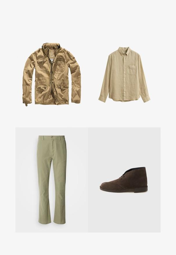 Veste khaki en tissu durable, dotée d'un col montant, d'une fermeture éclair à l'avant et de plusieurs poches avec des rabats à bouton. La finition texturée améliore le design.; Chemise en lin beige à manches longues avec boutons, poche poitrine et col boutonné, présentée sur un fond blanc.; Pantalon en coton vert clair avec une coupe droite, doté d'une fermeture à bouton à l'avant et d'une texture discrète. Aucun motif ou accent visible.; Botte cheville en daim marron avec deux œillets, talon bas et semelle cousue sur un fond gris clair uni.