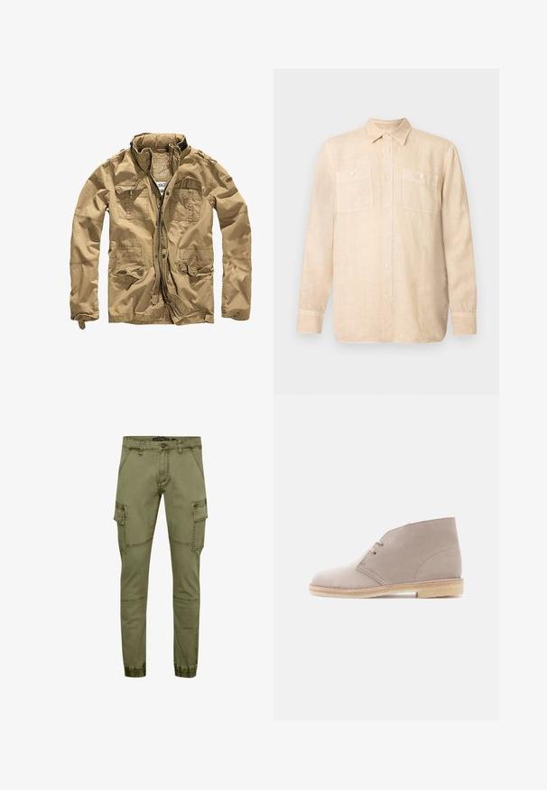 Veste khaki en tissu durable, dotée d'un col montant, d'une fermeture éclair à l'avant et de plusieurs poches avec des rabats à bouton. La finition texturée améliore le design.; Chemise beige en lin à manches longues avec un col boutonné, deux poches sur la poitrine et des boutons sur le devant. Texture douce avec une sensation de légèreté.; Pantalons cargo vert olive en mélange de coton, dotés de plusieurs poches, de jambes fuselées et de poignets élastiques pour un look ajusté.; Bottine en cuir suédé beige à deux œillets avec lacets, semelle en crêpe et petit talon empilé, vue de profil sur un fond uni.