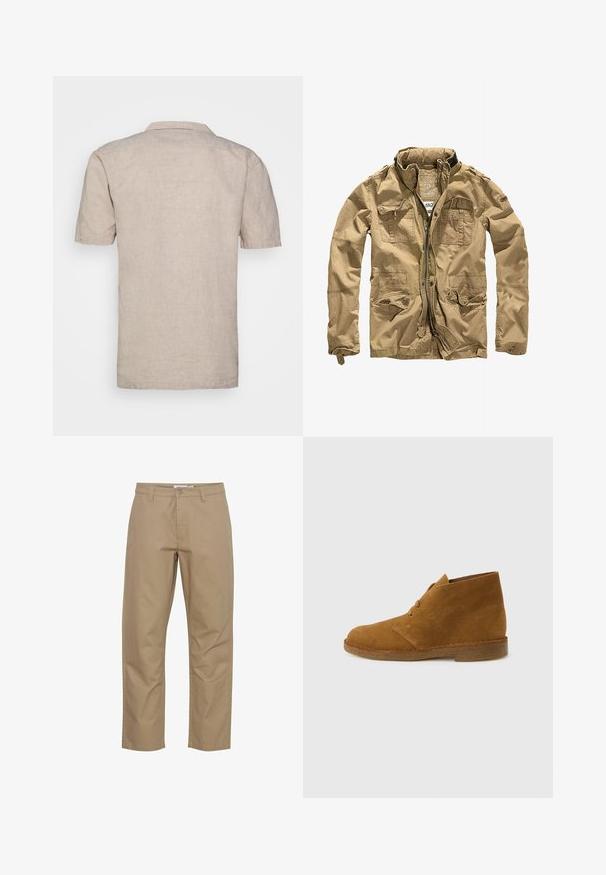 Veste khaki en tissu durable, dotée d'un col montant, d'une fermeture éclair à l'avant et de plusieurs poches avec des rabats à bouton. La finition texturée améliore le design.; Chemise en lin beige à manches courtes avec un col, dotée d'un tissu texturé et d'un ourlet droit, sans motifs visibles ni accents.; Pantalons en coton beige avec une coupe droite, présentant une fermeture éclair et un bouton à l'avant, des poches latérales et une finition soignée.; Botte désert en daim marron montant à la cheville avec deux œillets et semelle en crêpe sur fond gris clair uni.