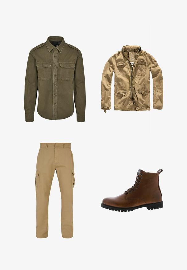 Khaki bunda vyrobená z odolného materiálu, s vysokým golierom, zipsom vpredu a viacerými vreckami s gombíkovými klipmi. Textúrovaný povrch zlepšuje dizajn.; Olive zelená košeľa na gombíky vyrobená z bavlny. Má golier, dve náprsné vrecká s klopňami a štruktúrované ramená s viditeľným prešívaním.; Béžové cargo nohavice s dvoma bočnými vreckami, rovný strih, vyrobené z odolnej tkaniny, so švovými detailmi a pútkami na opasok.; Hnedé kožené členkové topánky s textúrovaným povrchom, kovovými očkami a čiernou gumovou podrážkou s výrazným dezénom. Obsahujú pútko na zadnej strane pre jednoduchšie obúvanie.