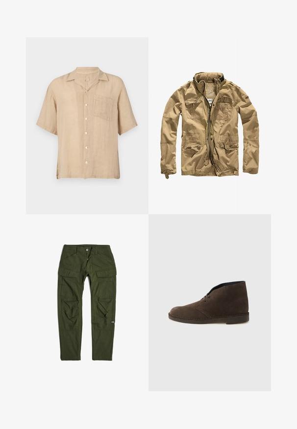 Khaki jack gemaakt van duurzaam materiaal, met een hoge kraag, ritssluiting aan de voorkant en meerdere zakken met knoopflappen. Textuurafwerking versterkt het ontwerp.; Korte mouw beige linnen shirt met een notch-kraag, voorzak en witte knopen. Geweven stof, ontspannen pasvorm en rechte zoom.; G-STAR CARGO 3D REGULAR TAPERED PANTS - Cargobroek - dk bronze green; Bruine suède enkellaars met twee veteroogjes, lage hak en gestikte zool op een effen lichtgrijze achtergrond.