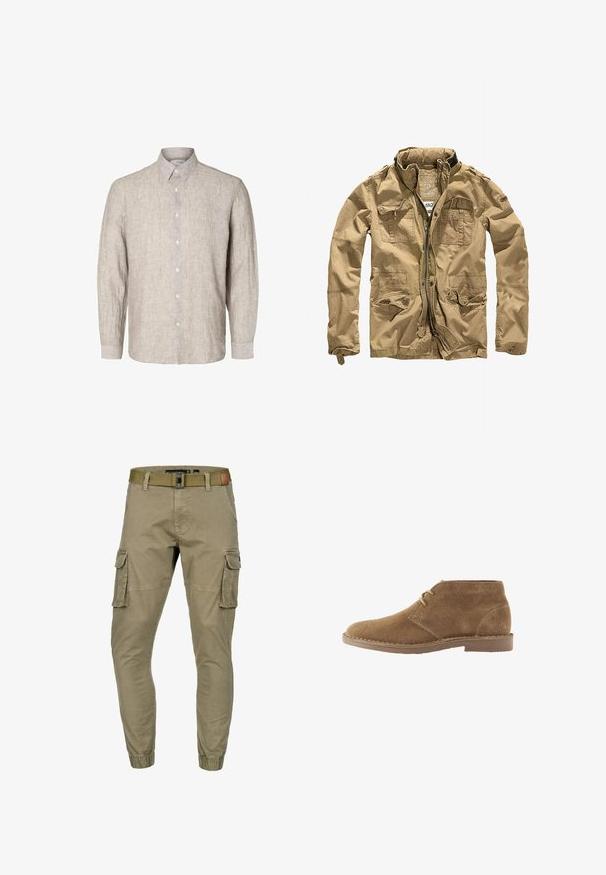 Khakijacke aus strapazierfähigem Material, mit hohem Kragen, durchgehendem Reißverschluss und mehreren Taschen mit Knopfklappen. Die strukturierte Oberfläche verleiht dem Design zusätzliche Tiefe.; Helles graues Leinenhemd mit langen Ärmeln, geknöpftem Kragen und vorderer Knopfleiste. Textil mit einer dezenten Struktur.; Beige Cargohose mit elastischen Bündchen, seitlichen Klappentaschen, vorderen Taschen und einem olivgrünen Stoffgürtel mit Metallschnalle.; Brauner Wildleder knöchelhoher Freizeitschuh mit zwei Ösen für Schnürsenkel und genähter Sohle vor weißem Hintergrund, Seitenansicht.