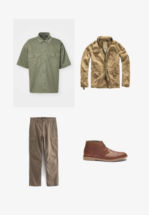 Khaki bunda vyrobená z odolného materiálu, s vysokým golierom, zipsom vpredu a viacerými vreckami s gombíkovými klipmi. Textúrovaný povrch zlepšuje dizajn.; Krátky rukáv, olivovo zelená košeľa vyrobená z textúrovanej látky, s golierom, dvoma prednými vreckami a malou značkovou nálepkou na okraji.; Khaki cargo nohavice vyrobené z odolného materiálu, s viacerými bočnými vreckami, klasickým strihom, rovnými nohavicami a zosilnenými švami.; Hnedé kožené nízke čižmy s elegantným dizajnom, so jednoduchými šnúrkami, zaoblenou špičkou a gumovou podrážkou. Hladký povrch s prešívanými detailmi.