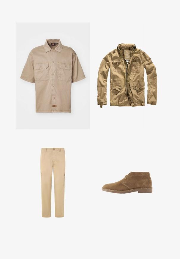 Khaki jack gemaakt van duurzaam materiaal, met een hoge kraag, ritssluiting aan de voorkant en meerdere zakken met knoopflappen. Textuurafwerking versterkt het ontwerp.; Korte mouw, beige shirt van katoen met een knoopsluiting aan de voorkant, twee borstzakken en een klein merklabel aan de onderkant.; Beige cargobroek van katoen, met een rechte pijp, twee zijzakken en een knoopsluiting in de taille. Soepele textuur.; Bruine suède enkellaars casual schoen met twee veterogen en gestikte zool op witte achtergrond, zijaanzicht.