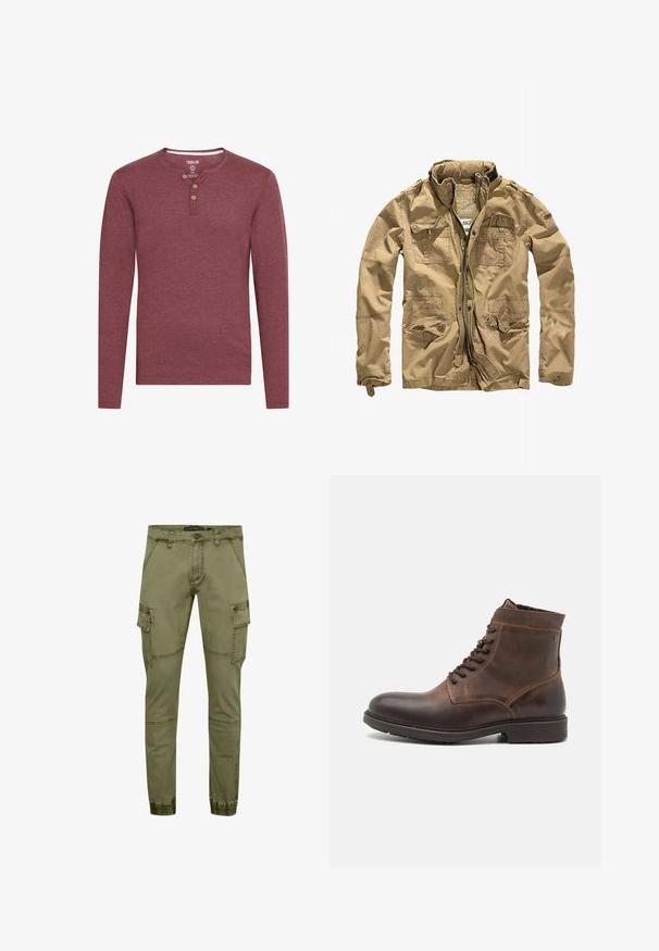 Veste khaki en tissu durable, dotée d'un col montant, d'une fermeture éclair à l'avant et de plusieurs poches avec des rabats à bouton. La finition texturée améliore le design.; Chemise henley à manches longues de couleur bordeaux, fabriquée en tissu doux, avec un col arrondi et trois boutons en bois sur le plastron.; Pantalons cargo vert olive en mélange de coton, dotés de plusieurs poches, de jambes fuselées et de poignets élastiques pour un look ajusté.; Jack & Jones JFWDELANEY BOOT - Bottines à lacets - cognac