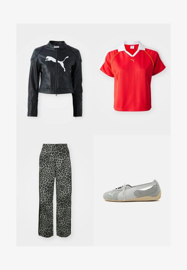 Schwarze Leder-Cropped-Jacke mit Stehkragen, frontalem Reißverschluss und zwei Reißverschlusstaschen. Besitzt ein weißes Puma-Logo auf der Brust.; Rotes sportliches Poloshirt mit weißem Kragen und Ärmeln, mit vertikalen Streifen und einem kleinen goldenen Logo auf der Vorderseite. Leichtes Material.; Leopardmuster-Hosen in Grautönen mit lockerer Passform, elastischem Bund und schwarzen Seitendetails für zusätzlichen Kontrast.; Hellgrauer Puma Wildleder-Flachschuh mit weißem Logo, Schnürung vorne, ausgeschnittenen Seiten und beiger strukturierter Sohle, von der Außenseite gezeigt.