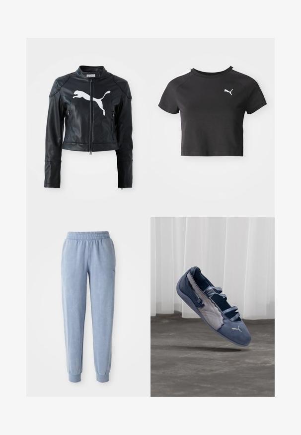 Schwarze Leder-Cropped-Jacke mit Stehkragen, frontalem Reißverschluss und zwei Reißverschlusstaschen. Besitzt ein weißes Puma-Logo auf der Brust.; Schwarzes, kurzes T-Shirt aus Baumwolle mit rundem Ausschnitt, kurzen Raglanärmeln und einem weißen Puma-Logo auf der linken Brust.; Blaue Jogginghose aus weichem Stoff mit elastischem Bund und Bündchen; verfügt über eine dezente Textur und ein kleines Logo auf einer Seite.; Blauer und grauer Puma-Flachschuh mit drei elastischen Riemen, strukturiertem Seitenpanel und weißem Puma-Logo, schwebt über einem Betonboden.