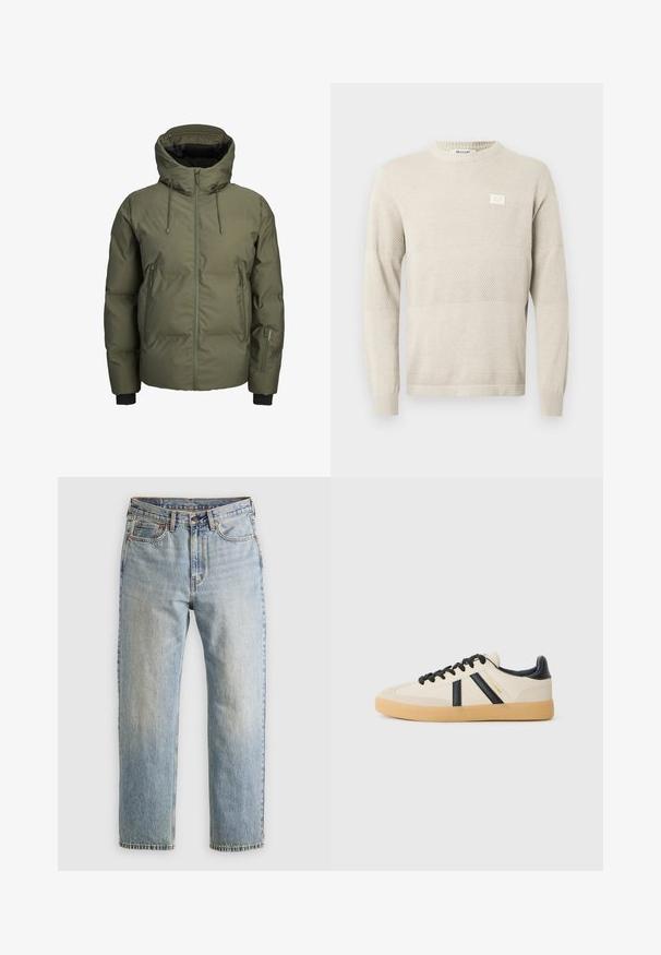 Veste d'hiver matelassée verte avec capuche, fermeture éclair frontale, deux poches latérales zippées et une petite poche zippée supplémentaire sur la manche gauche.; Pull en maille beige clair avec motifs texturés, manches longues et col rond. Comprend une petite étiquette sur la poitrine.; Jean en denim bleu clair à taille haute, avec bouton avant, fermeture éclair et design à cinq poches, posé à plat sur un fond neutre.; Baskets décontractées en crème avec des rayures noires, présentant un dessus texturé et une semelle en caoutchouc. Les lacets sont noirs. Logo discret sur le côté.