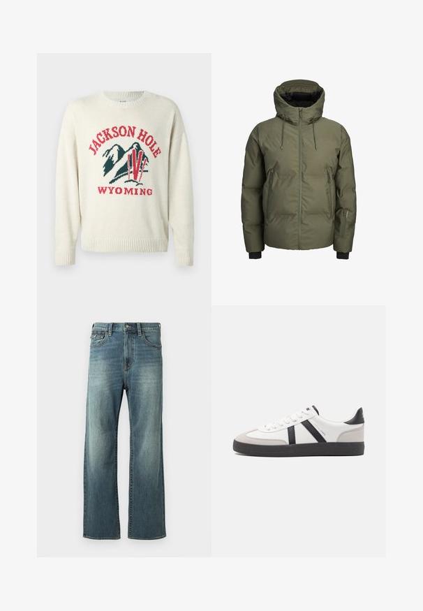 Veste d'hiver matelassée verte avec capuche, fermeture éclair frontale, deux poches latérales zippées et une petite poche zippée supplémentaire sur la manche gauche.; Pull léger en crème avec une texture en maille épaisse. Présente un design graphique avec "JACKSON HOLE" et "WYOMING" en rouge et vert. Encolure arrondie.; Jeans en denim bleu clair avec une coupe droite, un léger délavage, cinq poches et des passants de ceinture. Comprend des accents de couture et une fermeture à bouton.; Baskets blanches avec des accents noirs et gris, présentant un embout texturé gris, une semelle en caoutchouc noir et des lacets plats blancs. Design épuré, style minimaliste.