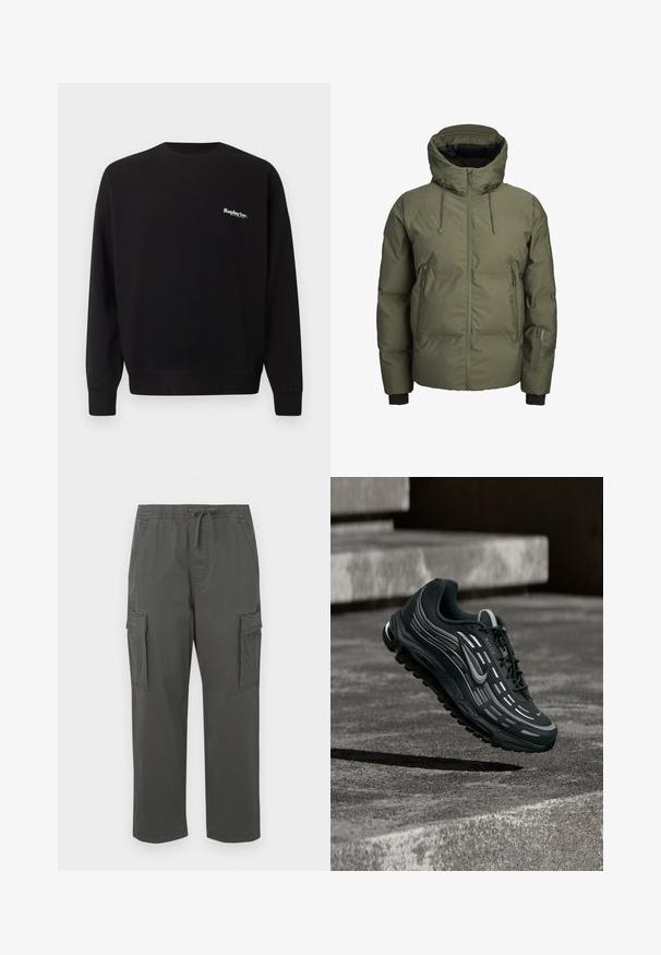 Groene gewatteerde winterjas met capuchon, voorzijde met rits, twee zijzakken met rits en een extra kleine ritssluiting op de linkermouw.; Replay Inc. Sweater - black; Donkergrijze cargobroek met een elastische tailleband, trekkoord, zijflapzakken en rechte pijpen.; Zwarte en grijze Nike Air Max sneaker zwevend boven grijze betonnen trappen met een gestructureerde achtergrond van de grond.