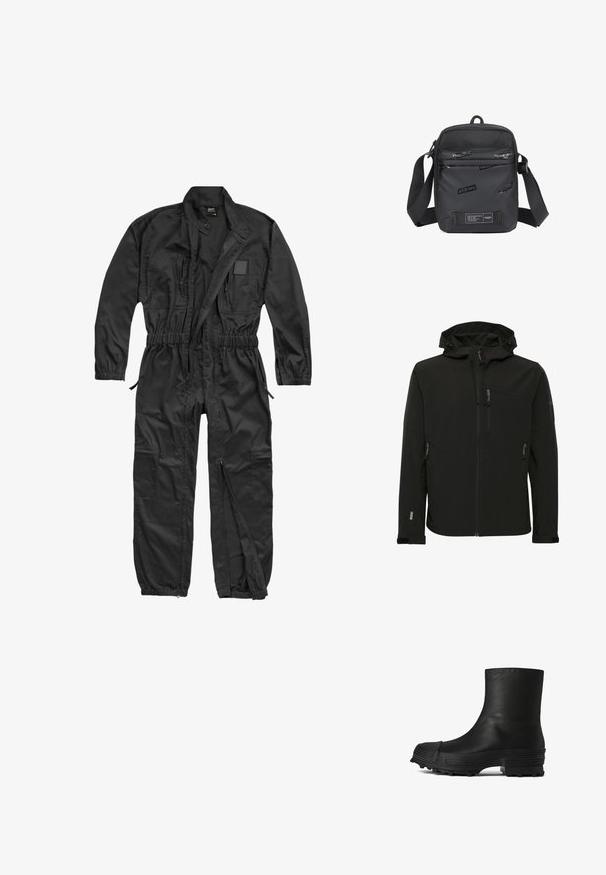 Veste softshell noire avec une capuche ajustée, poches zippées, tissu texturé et coutures contrastées le long des épaules et des côtés.; Brandit BRANDIT HERREN EINSATZKOMBI - Combinaison - black; CAMPERLAB TRAKTORI - Bottines - schwarz; Sac bandoulière noir en matériau durable, avec un panneau avant texturé portant des logos en relief, une bandoulière ajustable et des compartiments zippés.