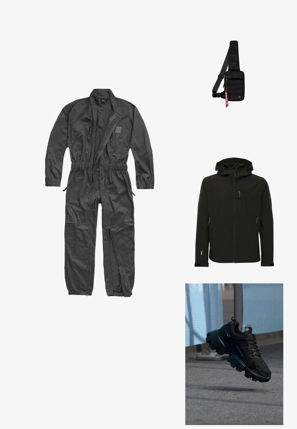 Sort softshell-jakke med en tætsiddende hætte, lynlåslommer, tekstureret stof og kontrasterende syninger langs skuldrene og siderne.; Langærmet sort heldragt med frontlynlås, elastisk talje og manchetter, flere lynlåslommer og opretstående krave med trykknap.; Sort chunky sneaker med tyk slidbane sål, der svæver over en grå fortov mod en sløret lyseblå og grå baggrund.; Sort skuldertaske lavet af tekstureret stof. Har et lynlåslukket hovedrum, forlom med webbing, justerbar rem og et dekorativt mærke.