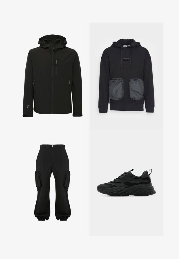 Sort softshell-jakke med en tætsiddende hætte, lynlåslommer, tekstureret stof og kontrasterende syninger langs skuldrene og siderne.; Sort hættetrøje med løs pasform, der har to store lynlåslommer i et blankt materiale foran. Lille logopatch over lommerne.; Sorte cargobukser med en afslappet pasform, der har to sidelommer, elastiske manchetter ved anklerne og en knaplukning i taljen.; Sorte atletiske sneakers med en kraftig sål, meshpaneler og gummidetaljer. Har en trækflap ved hælen og strukturerede mønstre.