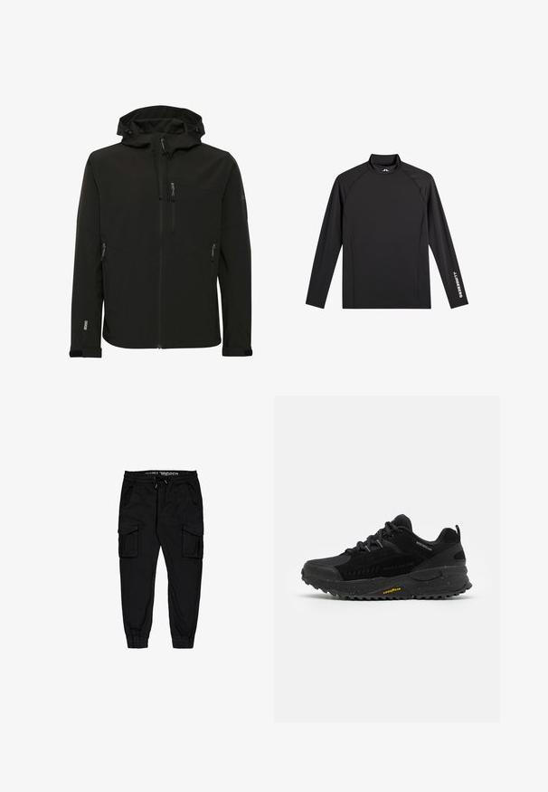 Zwarte softshell jas met een aangesloten capuchon, ritszakken, gestructureerde stof en contrasterende naden langs de schouders en zijkanten.; Zwart sporttopje met lange mouwen, opstaande kraag, slim fit en witte "J.Lindeberg"-logo op linkerarm en kraag.; Zwarte cargo-broeken van lichtgewicht stof, met een elastische tailleband, trekkoord en meerdere zijzakken met taps toelopende broekspijpen.; Zwarte sportschoen met een bovenwerk van mesh en synthetisch materiaal, een gestructureerde rubberen zool, waterafstotende accenten en reflecterende details.