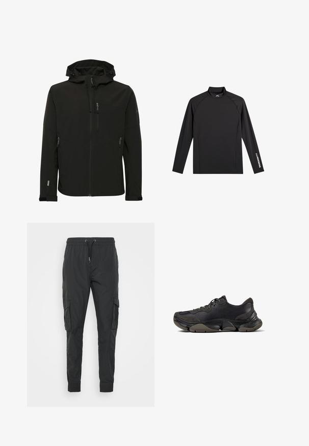 Chaqueta softshell negra con capucha ajustada, bolsillos con cremallera, tejido texturizado y costuras en contraste a lo largo de los hombros y los lados.; Camiseta negra deportiva de manga larga con cuello alto falso, corte ajustado y logo blanco "J.Lindeberg" en la manga izquierda y el cuello.; Pantalones cargo negros hechos de un tejido ligero, con una cintura ajustable con cordón, puños elásticos y dos bolsillos laterales.; Zapatilla deportiva negra con suela texturizada, parte superior de cuero y gamuza, cuello acolchado y cierre con cordones, mostrada en perfil lateral.