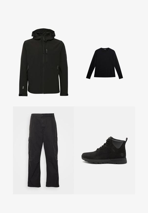 Schwarze Softshell-Jacke mit passender Kapuze, Reißverschlusstaschen, strukturiertem Stoff und kontrastierenden Nähten entlang der Schultern und Seiten.; Schwarzes Langarm-T-Shirt aus glattem Stoff, mit Rundhalsausschnitt und einem dezenten Logo auf der Vorderseite, in lockerer Passform.; Schwarze Cargo-Hose mit geradem Bein, ausgestattet mit zwei Seitentaschen, einem Knopfverschluss und einem strukturierten Stoff.; Schwarze High-Top-Stiefel aus Wildleder und synthetischen Materialien, mit einer strukturierten Oberfläche, Schnürdesign und Gummisohle mit Grip.