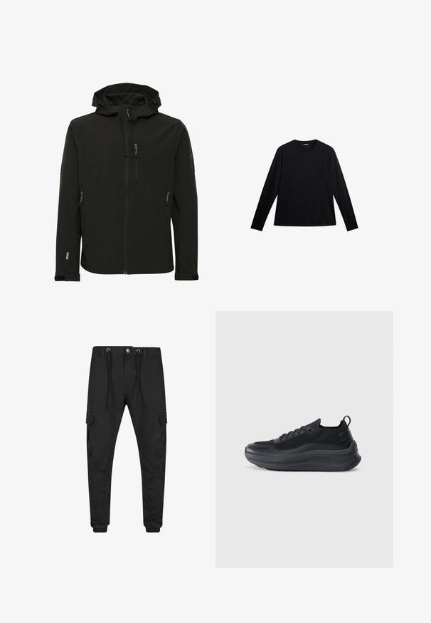 Sort softshell-jakke med en tætsiddende hætte, lynlåslommer, tekstureret stof og kontrasterende syninger langs skuldrene og siderne.; Sort langærmet T-shirt lavet af glat stof, med rund hals og et diskret logo på fronten, i en afslappet pasform.; Sorte smalle cargobukser med elastiske manchetter, for-lynlås og knaplukning, snøre i taljen og klaplommer på hvert lår.; Sort sportsko med mesh-overdel, teksturerede detaljer og en tyk gummisål. Har en løkke ved hælen og snørebåndsdesign.