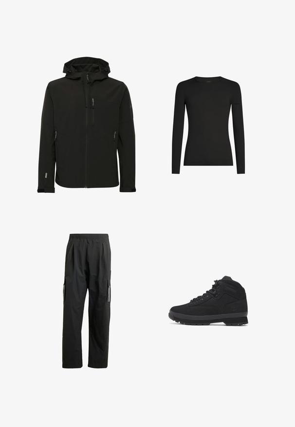 Sort softshell-jakke med en tætsiddende hætte, lynlåslommer, tekstureret stof og kontrasterende syninger langs skuldrene og siderne.; Sort, tætsiddende langærmet T-shirt med rund hals og et diskret Icebreaker-logo på venstre ærme, vist på en hvid baggrund.; Sorte cargo bukser med elastisk talje, sidelommer og reflekterende detaljer. Fremstillet af let, vandafvisende materiale.; Sorte mellemhøje vandrestøvler lavet af ruskind og nylon, med runde snørebånd, forstærkede kroge og en struktureret gummisål med mønstret slidbane.