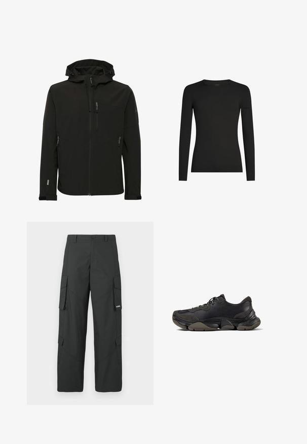 Chaqueta softshell negra con capucha ajustada, bolsillos con cremallera, tejido texturizado y costuras en contraste a lo largo de los hombros y los lados.; Camiseta negra de manga larga ajustada con cuello redondo y un sutil logo de Icebreaker en la manga izquierda, mostrada sobre un fondo blanco.; Pantalones cargo rectos negros con bolsillos laterales con solapa, cierre de botón, trabillas para cinturón y pequeño logo blanco en la solapa del bolsillo derecho.; Zapatilla deportiva negra con suela texturizada, parte superior de cuero y gamuza, cuello acolchado y cierre con cordones, mostrada en perfil lateral.