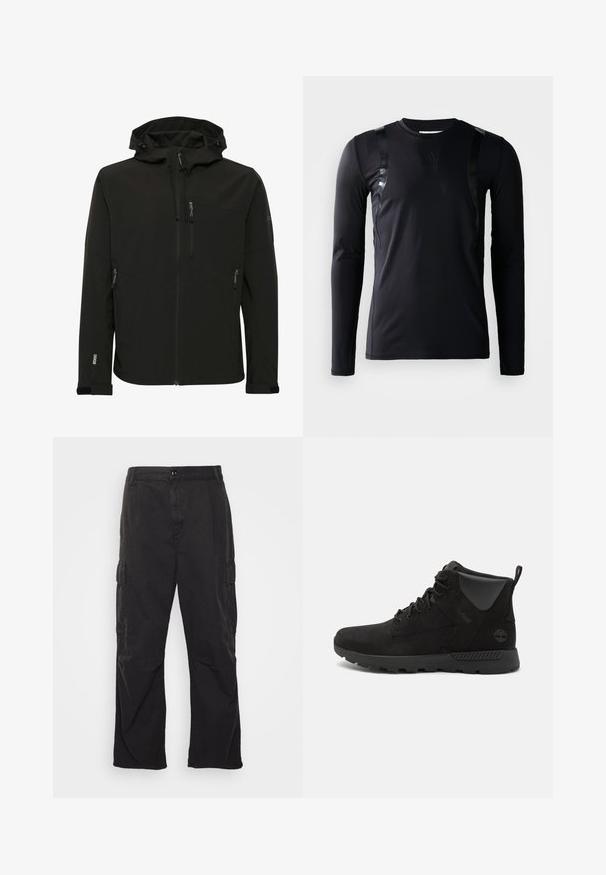Sort softshell-jakke med en tætsiddende hætte, lynlåslommer, tekstureret stof og kontrasterende syninger langs skuldrene og siderne.; Sort langærmet træningsskjorte lavet af glat, strækbart stof. Har glansfulde sorte detaljer på skuldrene og et Adidas-logo på brystet.; Sorte cargo bukser med lige ben, der har to sidelommer, knaplukning og en struktureret stof.; Sorte høje støvler lavet af ruskind og syntetiske materialer, med en tekstureret overflade, snørebåndsdesign og gummisål med greb.